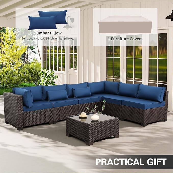 WAROOM Outdoor Patio Furniture Set 7 Pieces Wicker Sectional Sofa Brown Rattan Conversation Couch with Coffee Table, Anti-Slip Thick Nave Blue Cushion