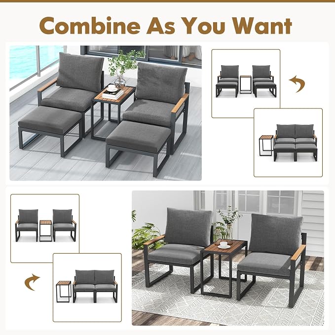 Tangkula 5 Pieces Patio Furniture Set, Aluminum Frame Weatherproof Outdoor Conversation Set with Soft Cushions, Space Saving Design, for Backyard, Poolside, Porch, Balcony