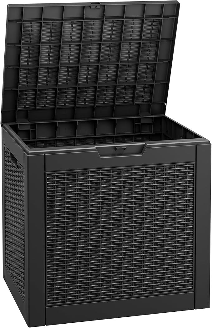 Fancyango 32 Gallon Outdoor Deck Box Waterproof, Storage Box for Patio, Resin Storage Bench Lockable for Garden Tools, Package Delivery, Black