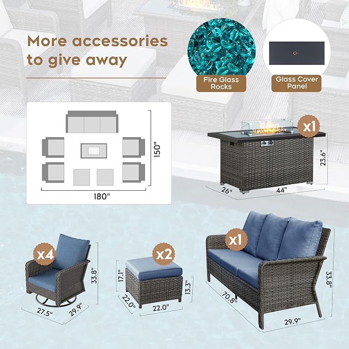 Yechen Patio Furniture Set 8 Peices with 44" Propane Gas Fire Pit Table -2 Wicker Swivel Rocking Chair, Outdoor Sectional Furniture Set with-4.3'' Cushion Conversation Sofa Set for Porch,Backyard