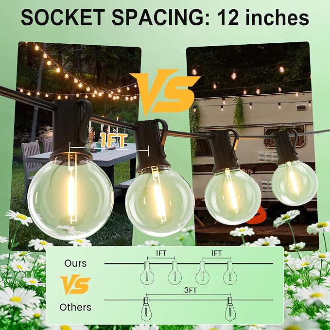 Outdoor String Lights 30FT 28 Bulbs(1 FT Apart) Remote Lighting for Patio | Waterproof Connectable Outside Lights(12 inch Far Apart) with Remote Timer&3 Modes for Backyard Bistro Garden Porch Party