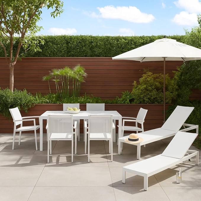 Benjara Kris 9 PC Patio Dining & Lounge Set- White Textilene Seating- Aluminum