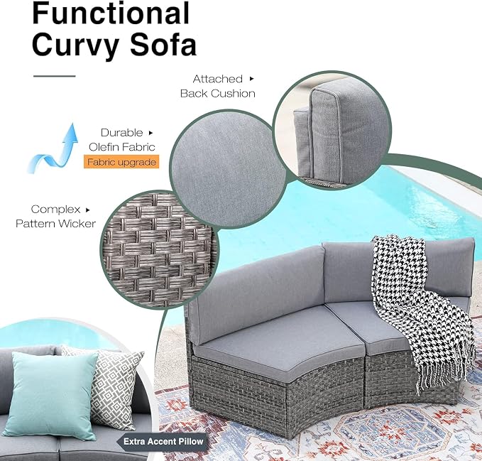 SUNSITT Outdoor 7-Piece Half-Moon Sectional Furniture Set with Round Coffee Table, Patio Curved Sofa Set, Grey Cushion and Grey Wicker, Incl. Waterproof Cover