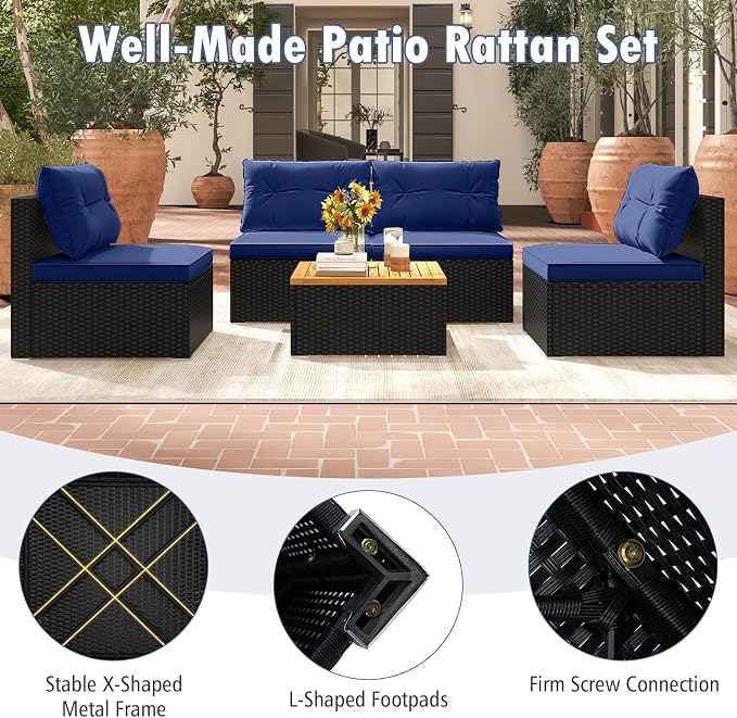 Tangkula 5 Pieces Wicker Patio Furniture Set, Outdoor 4 Armless Rattan Sofa & Coffee Table Set, with Cushions, Acacia Wood Tabletop, Sectional Patio Conversation Set for Lawn, Yard, Poolside, Navy