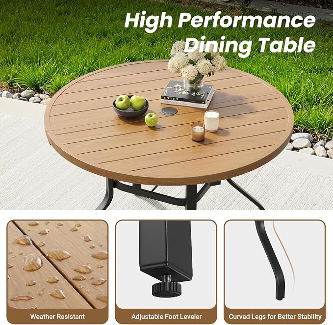 Soohow Patio Dining Set for 4, 5-Piece Round Outdoor Dining Set 4 x Swivel Patio Chairs and 41" Round Outdoor Dining Table with 1.57" Umbrella Hole, Wood-Like, for Poolside, Backyard
