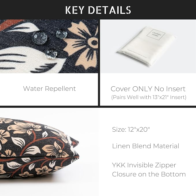 Modern Farmhouse Fall Linen Indoor Outdoor Lumbar Pillow Cover Only, 12"x20" Water Repellent for Patio, Backyard, Couch, Black Ivory Cream Floral