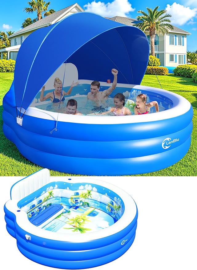 2026 Extra Large Upgraded Inflatable Pool with Canopy,Inflatable Family Lounge Pool,Round Blow Up Pool for Adult with Bench&Backrest,Swim Center Easy Backyard Pools for Kids & Adults90*90"*80"