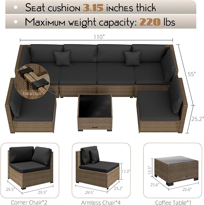 LHBcraft 7 Pieces Outdoor Furniture Set, Wicker Furniture Patio Conversation Sets with Tea Table and Thickened Black Cushions, Outdoor Patio Sectional Sofa for Garden, Poolside, Backyard