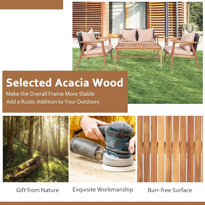 Tangkula 4-Piece Patio Furniture Set, Outdoor Acacia Wood Conversation Set with Cushions and Coffee Table, Outdoor PE Wicker Sectional Sofa Set for Garden, Poolside and Backyard (1, Beige)