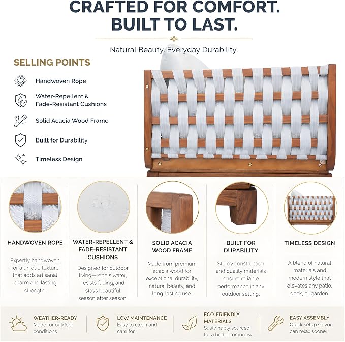 Christopher Knight Home Gwen 3 Piece Acacia Wood Patio Conversation Set with Sofa, Coffee Table and Ottoman, 3-Seater Sofa with Water-Repellent Cushion, Outdoor Patio Furniture Set, Teak+Beige