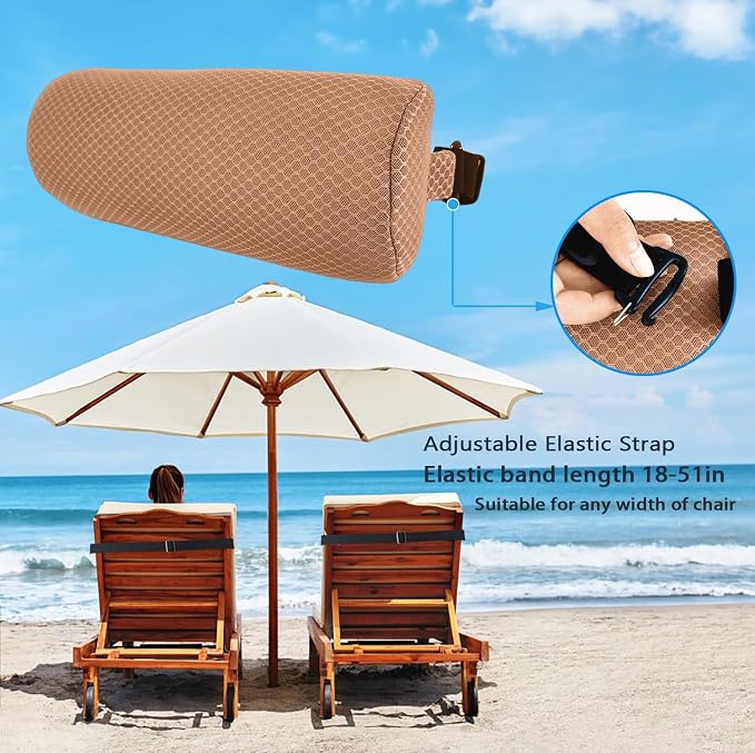 1 Pack Headrest Pillow for Patio Chaise Lounge,Recliner,Beach Chair,Brown | Resilient 3D mesh pillow with removable washable cover, adjustable elastic strap, ergonomic support, lightweight portable