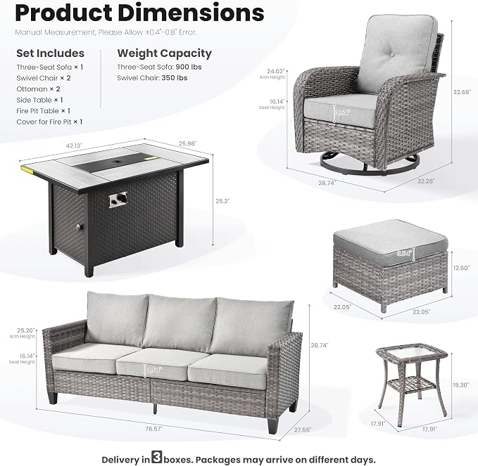 ovios 7 Pieces Patio Furniture Set, Outdoor Wicker Sofa Couch with Swivel Glider Chairs Fire Pit Table, Modern Deep Seat Rattan Conversation Sets for Deck Porch, Dark Grey