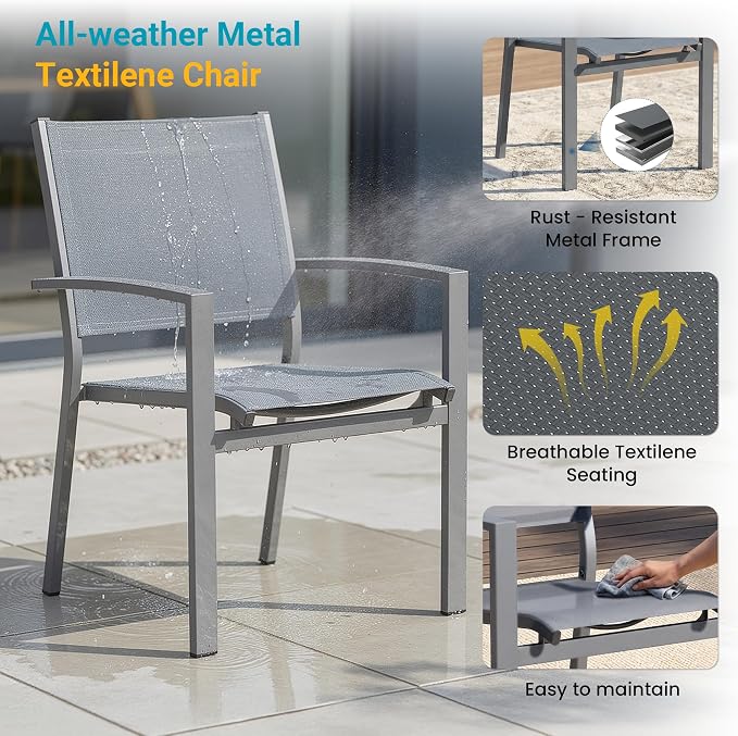FansaFurn Patio Table and Chairs Set for 4, Outdoor Patio Furniture Set with Metal Textilene Chairs and Aluminum Table, All-Weather Outdoor Dining Set with HDPS Rectangular Tabletop for Patio Porch