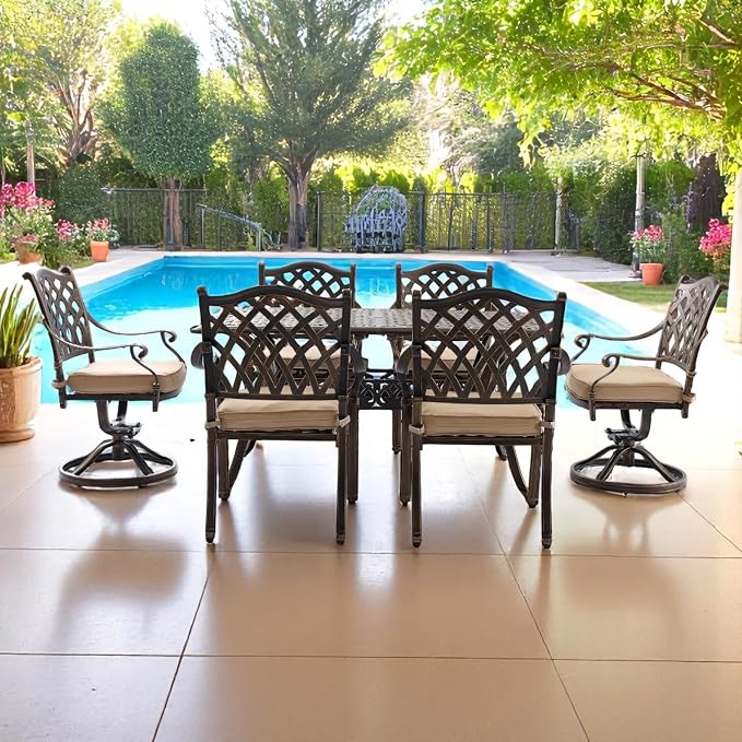 7 Piece Outdoor Dining Set Cast Aluminum Furniture Set, Retro Patio Dining Set for 6 includes 59” Table & 4 Stackable Chairs & 2 Swivel Chairs with Cushions and 2" Umbrella Hole for Patio Deck Garden