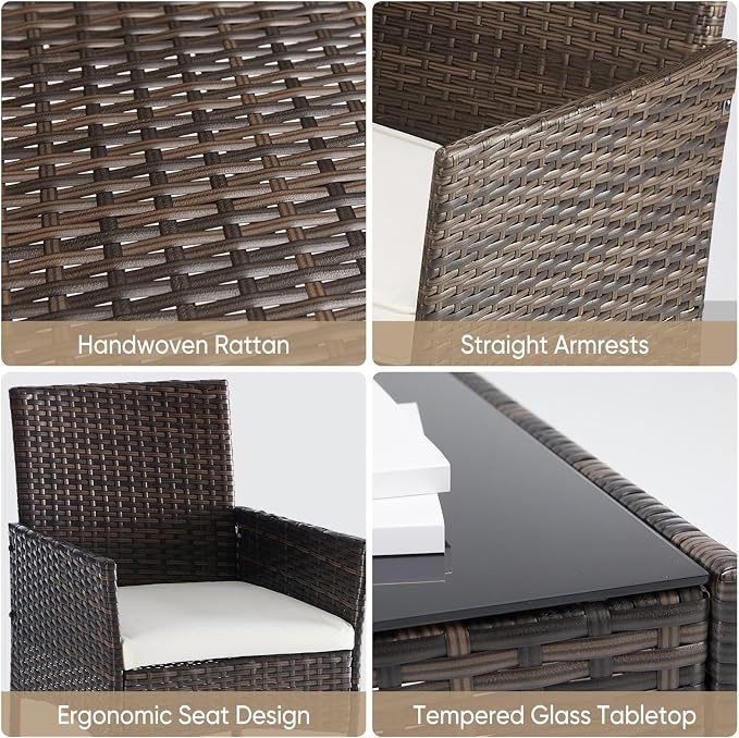 DUMOS 3 Piece Patio Furniture Set, All-Weather Outdoor Wicker Chairs with Removable Cushions & Tempered Glass Table, Small Bistro Set for Porch, Balcony, Lawn, Backyard Brown