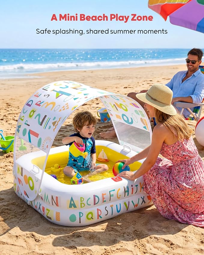 QPAU Baby Pool with Detachable Canopy for Sun Protection, 35" x 10" Portable Inflatable Kids Pool with Padded Bottom, Kiddie Pool & Ball Pit with Handles for Backyard and Indoor, Ages 1-3 (Yellow)
