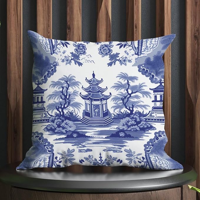 Pillow Cover Chinoiserie Blue Asian Pagoda Pillows Rustic Chinoiserie Chic Asian Pillow Cover Accent Farmhouse Decor Pillow for Patio Couch Sofa Office 26x26 in