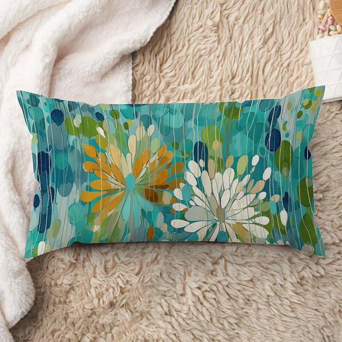 Make It Rain Fiesta Rectangle Lumbar Pillow Case Rainbow Teal Flower Throw Pillow Cover Rustic Decorative Cushion Covers Home Decor for for Bedroom Sofa Living Room Car 12x24in