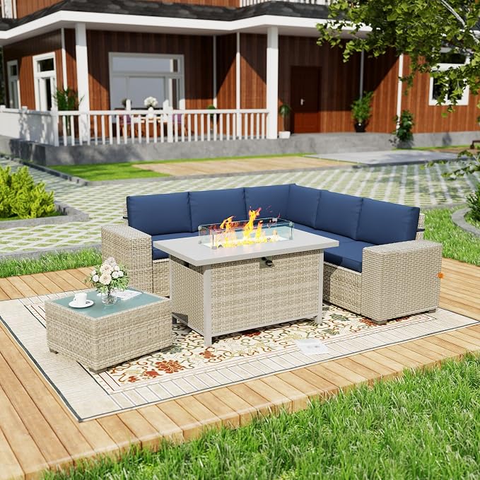 7 Piece Patio Furniture Set, 8" Wide Arm Sectional Sofa Set with 50000 BTU Propane Fire Pit Table & Coffee Table, Rattan Outdoor Conversation Set for Garden, Porch, Lawn, Blue