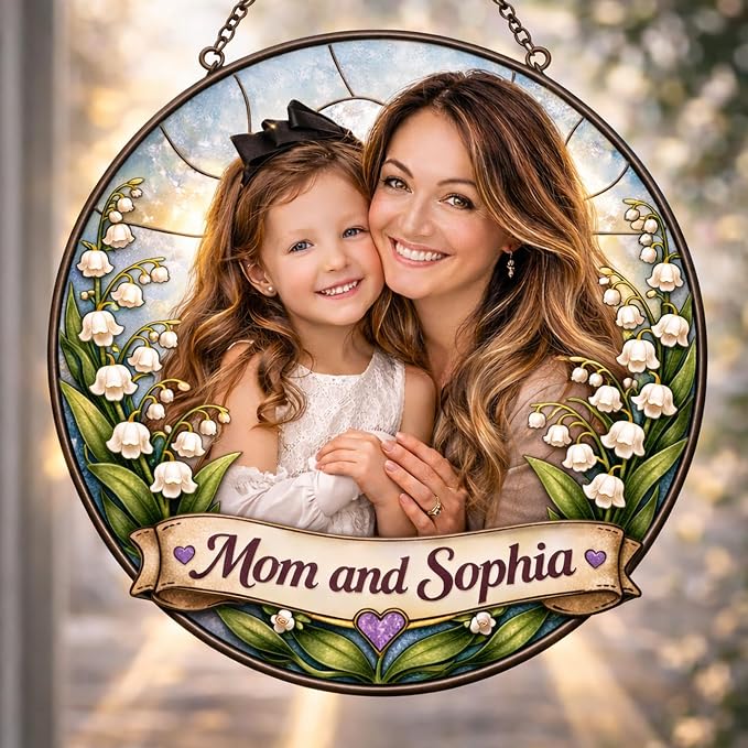 Personalized May Lily of the Valley Birth Flower Stained Glass Suncatcher – Custom Photo & Name Window Hanging Keepsake Gift for Mom, Grandma, Mother’s Day or May Birthday