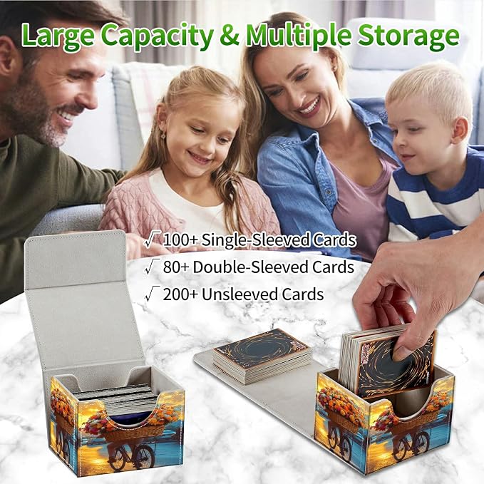 Card Deck Box for MTG, Cards Storage Box Fits 120+ Sleeved, Leather Small Size Strong Magnetic Closing Card Case for Board Games Magic TCG CCG Baseball Collection, Flower Bike