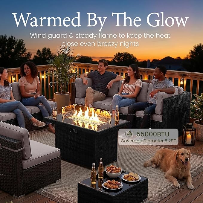LayinSun 15 Piece Patio Furniture Set with Fire Pit Table, Outdoor Conversation Sets Wicker Rattan Sectional Sofa with Coffee Table