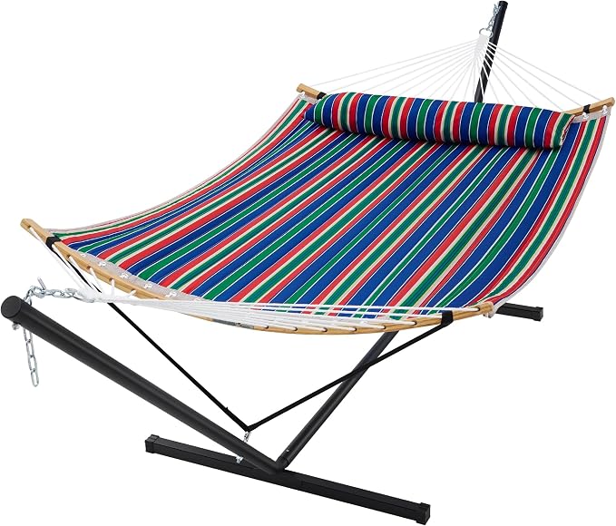SUPERJARE Curved-Bar Hammock with Stand, 2 Person Heavy Duty Hammock Frame, Detachable Pillow & Portable Carrying Bag, Perfect for Outdoor & Indoor, Retro Blue and Green