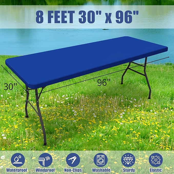 Moosfor Spandex 8 Foot Rectangle Table Cloth 2 Pack, Elastic Fitted Tablecloths for Picnic, Stretch Washable Patio Table Cover for Outdoor, Camping, Banquet and Parties (Blue, 30"x96")