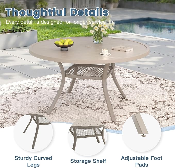 DIFY 5 Pieces Outdoor Dining Set for 4, Outdoor Furniture Set of 4 Textilene Swivel Patio Chairs, 47.2" Round Metal Dining Table with Umbrella Hole, for Garden Deck Backyard, Sandshell
