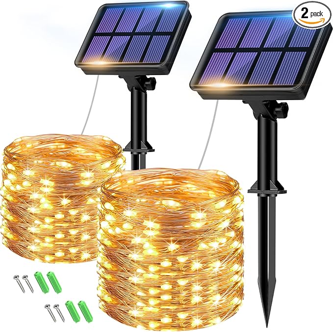 btfarm 2 Pack Solar String Lights Outdoor, 66FT 160LED Solar Fairy Lights Outside Waterproof 8 Modes, Copper Wire Solar Powered Twinkle Light for Garden Tree Christmas Wedding Party,Warm White