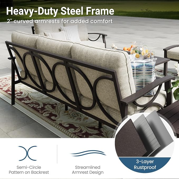 RoyalCraft Outdoor Patio Furniture Set, 3 Pieces Metal Patio Conversation Set with Side Table for Porch Garden Backyard, Beige