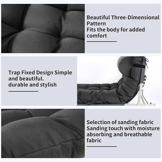 Tudomro Outdoor Chaise Lounge Cushion 66x21x4'' Waterproof & Fade-Resistant Patio Pool Chaise Lounge Cushion Headrest Pillow Tie Replacement Rocking High Back Chair(Charcoal Gray,1 Pcs)