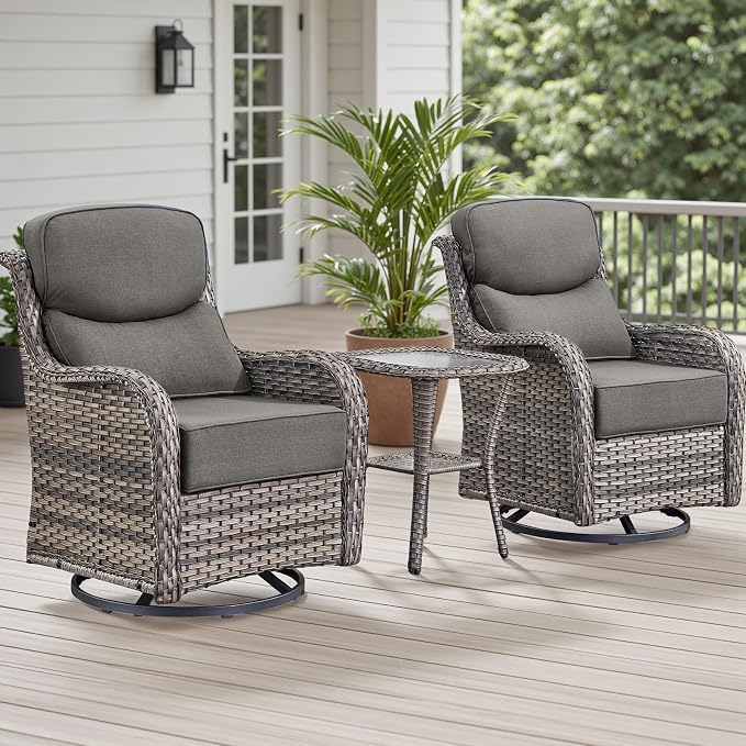 Rilyson Outdoor Patio Furniture Set - Weather Resistant Wicker,High Back,6 inch Cushions,3 Piece Patio Bistro Set with Swivel Rocker Chairs and Side Table for Deck Porch Yard,Mixed Grey/Grey