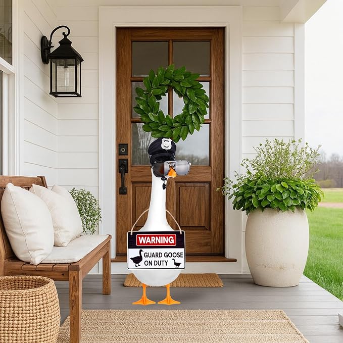 Police Goose Outfits 23” Lawn Porch Goose Police Hat Eyeglasses Tie Wooden Porch Geese Duty Warning for Yard Garden Patio Decoration