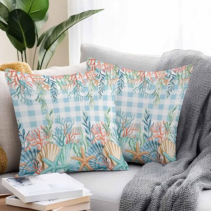 Throw Pillow Covers 24x24 Inch Set of 2, Nautical Coastal Waterproof Outdoor Pillow Covers, Summer Beach Shell Coral Seaweed Blue Plaid Decorative Cushion Pillowcases for Couch, Sofa, Bed, Patio