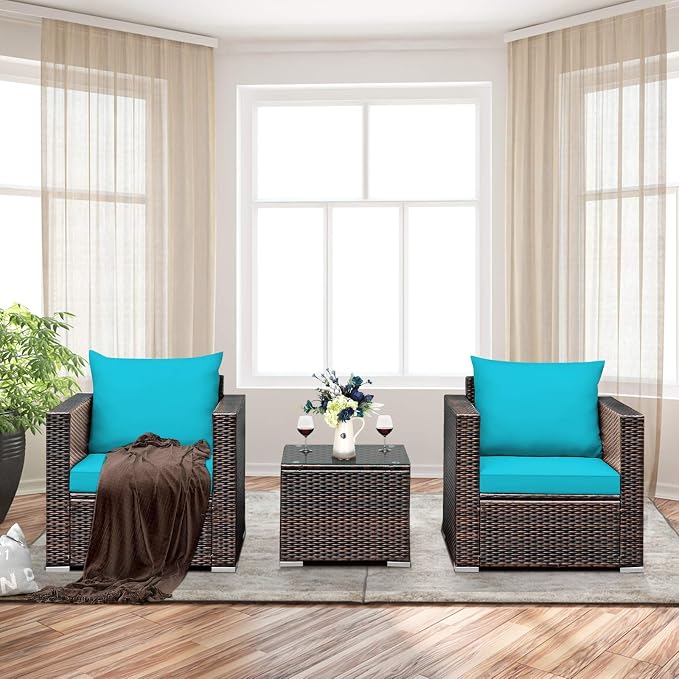 RELAX4LIFE 3-Piece Wicker Bistro Set - Outdoor Patio Rattan Sofa Set w/Washable Cushions & Tempered Glass Coffee Table, Conversation Furniture Set for Backyard, Porch, Garden & Poolside (Turquoise)