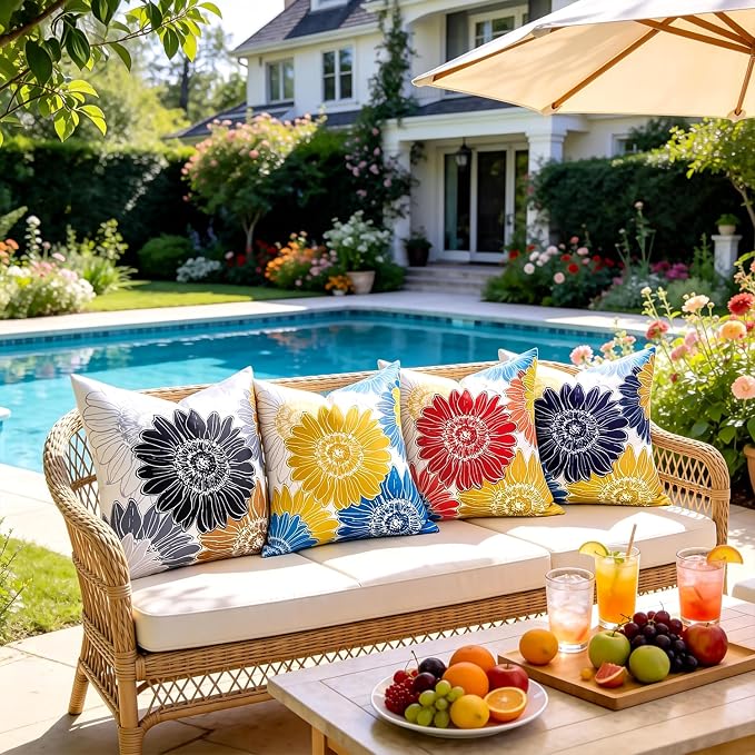 Decorative Floral Throw Pillow Covers Outdoor Waterproof Blue Yellow Sunflower Pillow Covers 16x16 Set of 2 Square Summer Garden Cushion Throw Pillowcase for Patio Furniture Garden Tent Balcony Bench