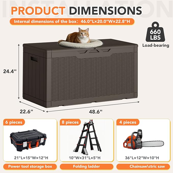 105 Gallon Deck Box Outdoor Indoor Waterproof Storage Box for Patio Furniture, Pool Accessories, Garden Tools, and Cushion Storage, Brown