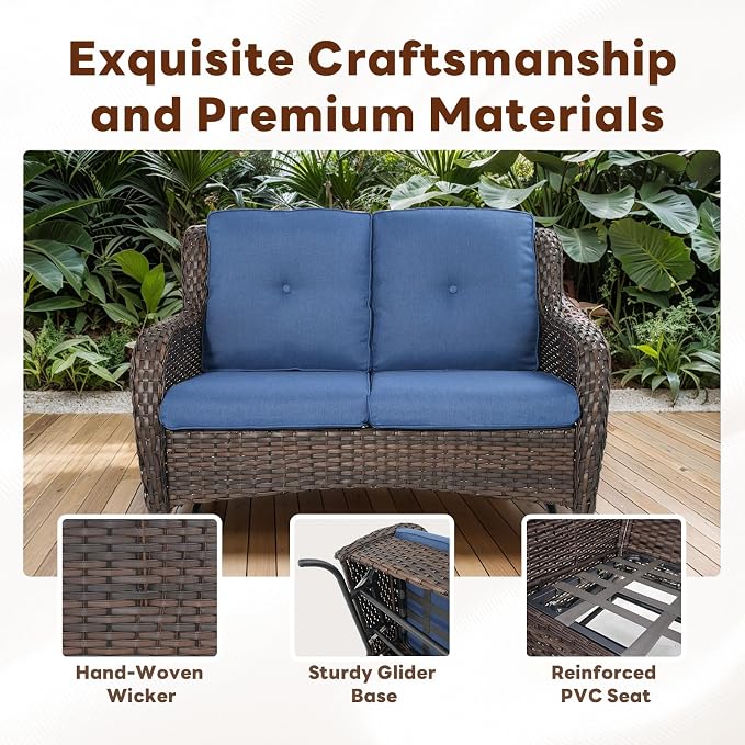 Belord 4 Piece Patio Wicker Furniture Set, Outdoor Swivel Rocker Chairs, All Weather Outdoor Patio Loveseat Set with Fire Pit Table for Deck Porch, Brown Wicker/Blue