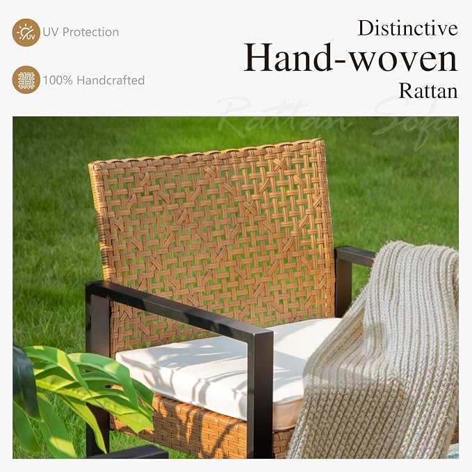 Sophia & William 4 Pieces Patio Conversation Set, Wicker Outdoor Furniture Set for 4, All Weather Outdoor Seating Set, Rattan Loveseat & Single Chairs with Cushions & Acacia Wood Coffee Table