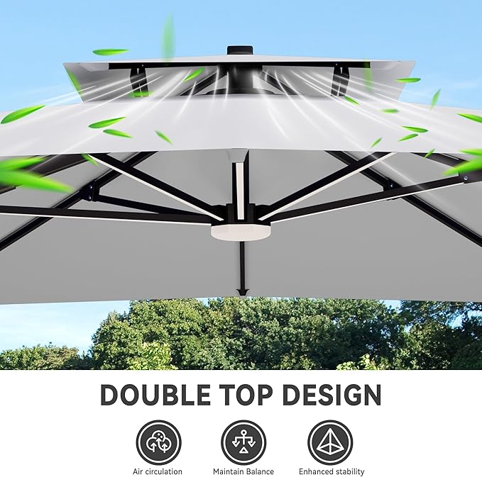 10x13 FT Cantilever Patio Umbrella with Led Lights Double Top Outdoor Rectangular Large Heavy Duty Aluminum Offset Umbrellas with 7 Level Tilt 360-degree Rotation for Pool Garden Deck, Fog Grey
