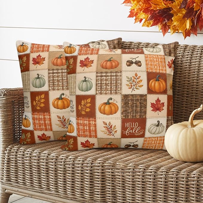 Thanksgiving Checked Throw Pillow Covers 20x20 Inch Set of 2, Fall Waterproof Outdoor Pillow Covers, Pumpkins Maple Orange Checker Decorative Cushion Pillowcases for Couch, Sofa, Bed, Garden, Patio