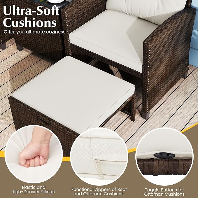 KOTEK 5 Pieces Patio Furniture Set with Ottomans, Wicker Patio Conversation Set with Coffee Table & Cushions, PE Rattan Outdoor Lounge Chairs for Backyard, Porch, Poolside (Mix Brown- Off White)