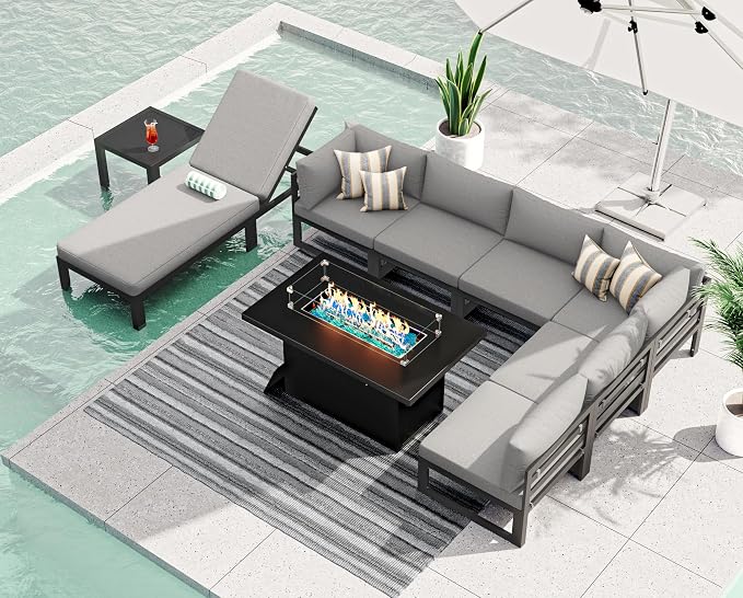 RADIATA 9 Piece Large Contemporary Aluminum Outdoor Furniture Set with Sun Bed & Fire Pit Table, 29 inch Deep Couch Set, 500 lbs High Weight Capacity, Patio Sectional Sofa for Poolside, Light Gray