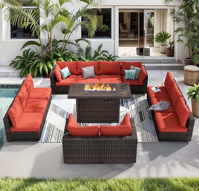 13 Piece Patio Furniture Set with Fire Pit Table All Weather PE Rattan Outdoor Sectional Sofa Couch with No-Slip Cushions for Garden, Poolside, Backyard (Red)