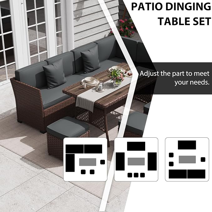 KIGOTY 7 Piece Patio Furniture Set, Outdoor PE Wicker Rattan Outdoor Dining Set, Patio Table and Chairs Set, Patio Conversation Sofa Set with Dining Table and Ottoman(Brown-Grey)