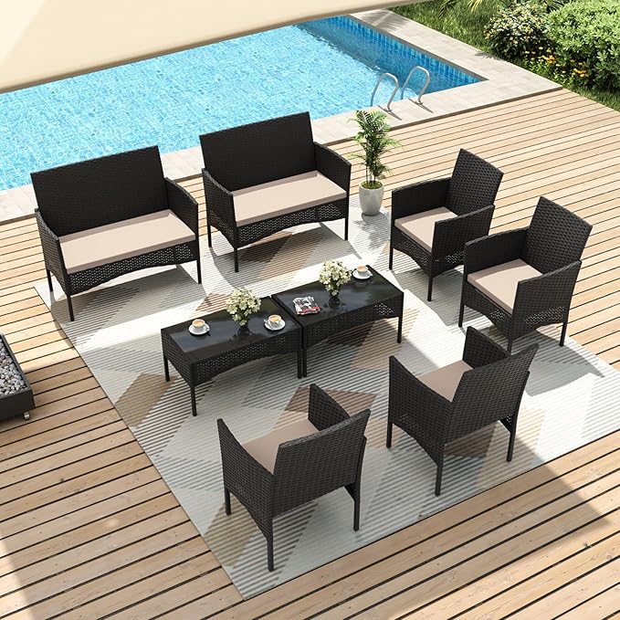 Gotland 8 Pieces Patio Furniture Set, Wicker Outdoor Furniture with 4 Chairs 2 Loveseats 2 Glass Coffee Tables, Weather-Resistant Patio Set, Conversation Set for Backyard Pool Porch Khaki