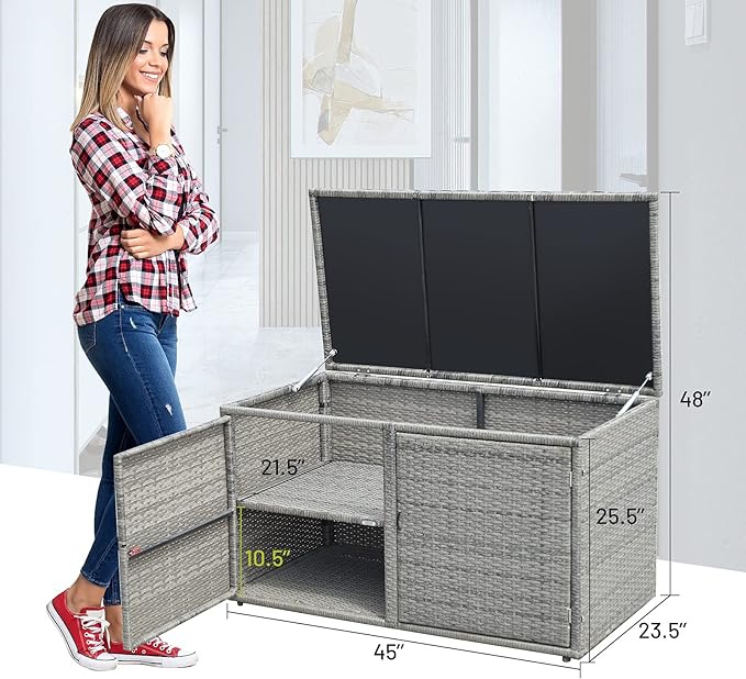 Giantex Rattan Deck Box Outdoor&Indoor 88 Gallon Wicker Storage Box W/Separate Storage Shelf, Openable Door and Tools Storage for Patio,Garden, Balcony, Porch, Yard Rattan Storage Box (Gray)