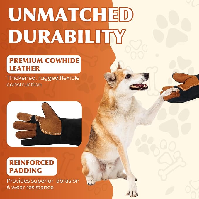 HANDLANDY Animal Handling Gloves, Bite Proof for Cat Dog Handling | Puncture & Scratch Resistant Leather Gauntlet Gloves for Dogs, Cats, Birds, Falconry, Gardening