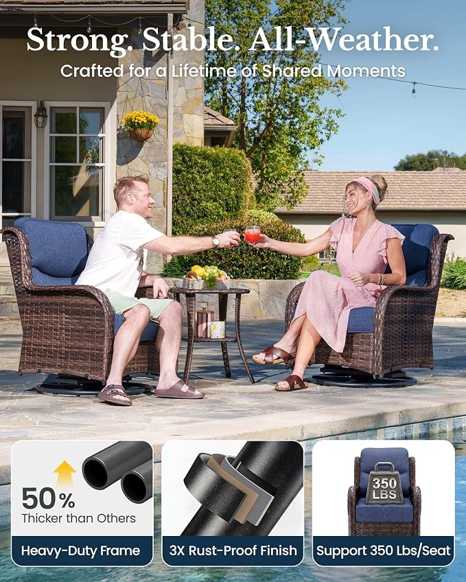 HILLGA 5-Piece Luxury Patio Furniture Set with 6" Thick Cushions, Weather-Resistant Wicker High Back Swivel Rocker Chairs, Senior-Friendly Conversation Set for Small Porch, Deck and Sunroom, Blue(V2)